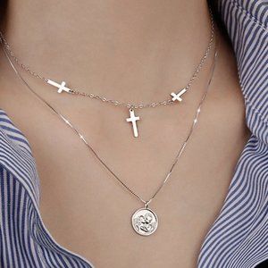 #NEW 925 Sterling Silver Vintage Coin Cross Necklace